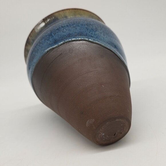 Handcrafted Two-Tone Ceramic Vase With Blue Textured Glaze & Brown Matte Finish - Picture 9 of 10